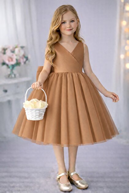 SUNEH Sare Model Girl's Tan Wrap Collar Mini Plain Skirt Puffy Ball Gown & Birthday Dress