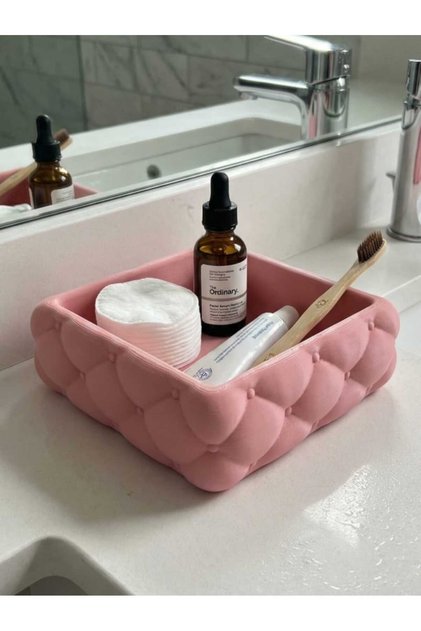 Pembe Kapitone Tasarımlı Banyo Organizer Tepsi