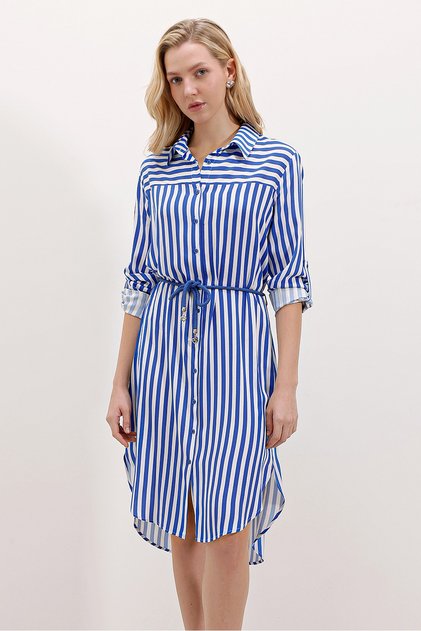 5629 Striped Belted Dress - Cobalt Blue