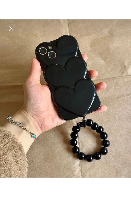 iPhone 14 Plus - 15 Plus Compatible Love Heart Shiny Case with Beaded Bracelet