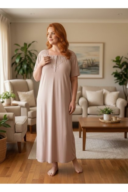 New Season Powder Elegant Lace Embroidered Summer Full Length Short Sleeve Plus Size Nightgown