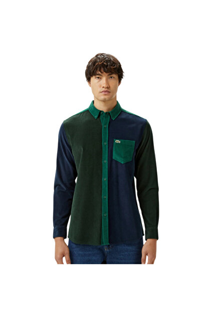 Men's Regular Fit Buttoned Collar Color Blocked Dark Green Shirt