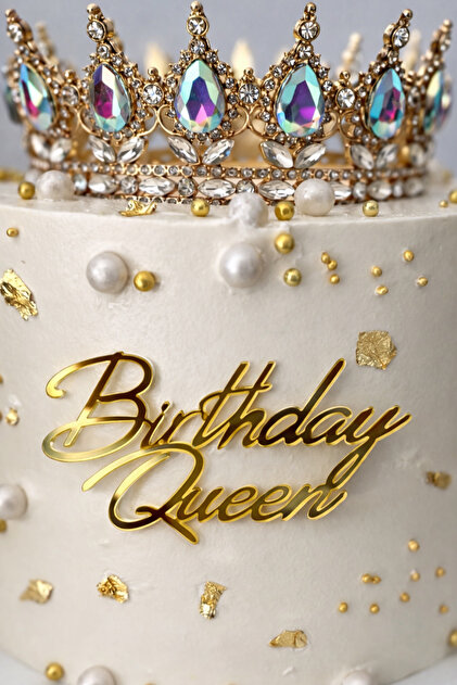 Gold Ayna Pleksi Birthday Queen Yazılı Pasta Hediye Süsü - Doğum Günü, Parti, Kutlama, Cake Topper