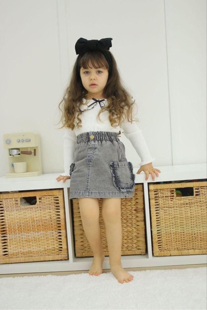Girl's Seasonal Skirt Set Baby Collar Blouse + Denim Skirt 2-Piece Set-J3055-J-070