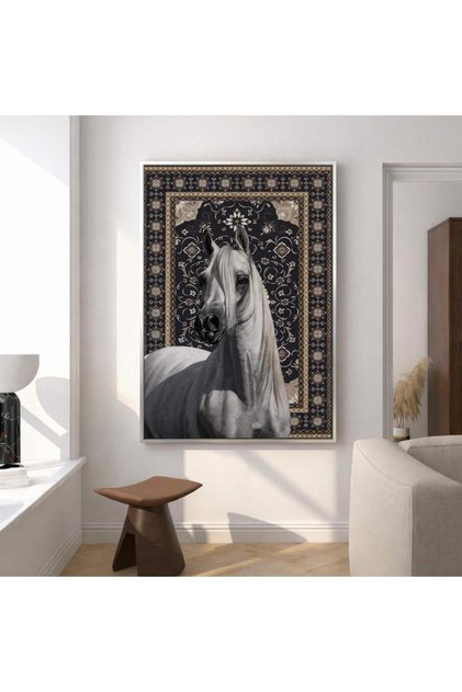 لوحة قماشية بتصميم خيل مع برواز خشبي (مخفي)