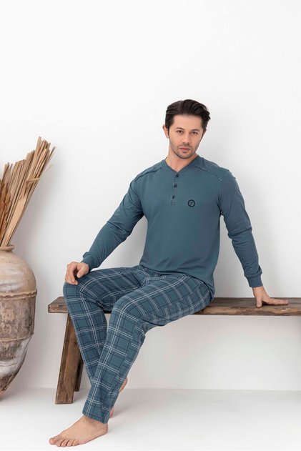 Men's Petrol Plaid and Square Pattern Long Sleeve Combed Cotton Knitted Pajamas Set