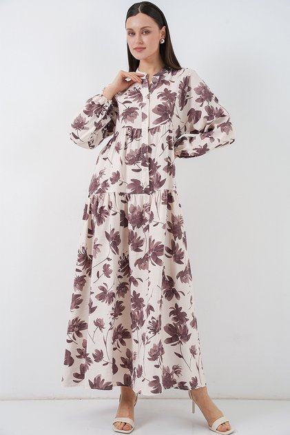 Women's Lilyum Fabric Long Hijab Dress 2593 - Brown