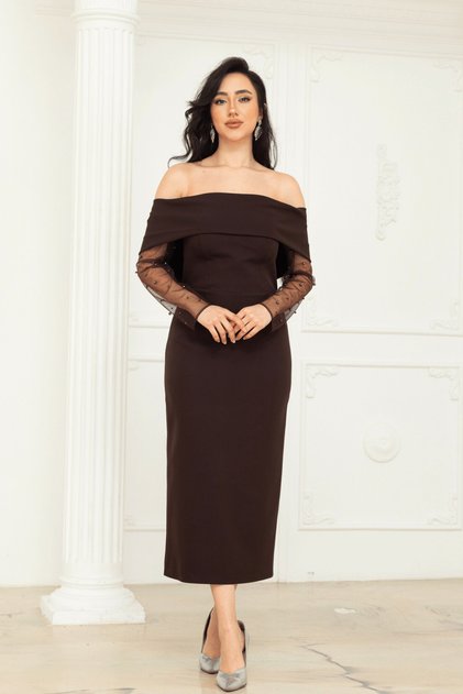 Double Pearl Detailed Boat Neck Long Dress - Brown
