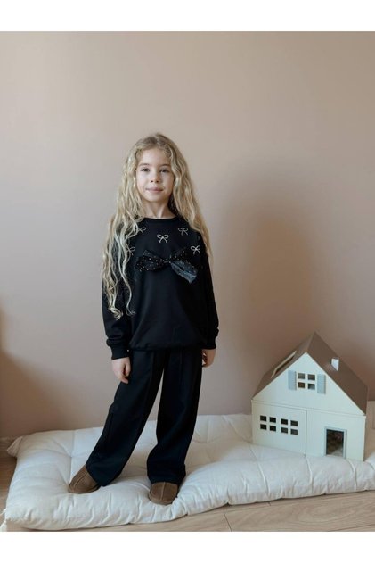 Girls' Festival-Style Bow-Decorated Stone-Embellished 2-Piece Cotton Set
