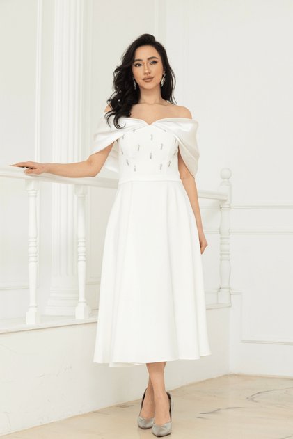 Crepe Stone Detailed Midi Dress - White