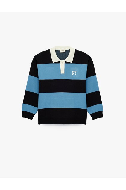 Viscose Blended Long Sleeve Polo Collar Knit Sweater