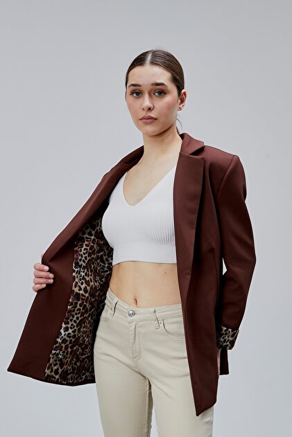 Brown Double-Breasted Collar Regular Padded Blazer Jacket with Folded Sleeve Detail