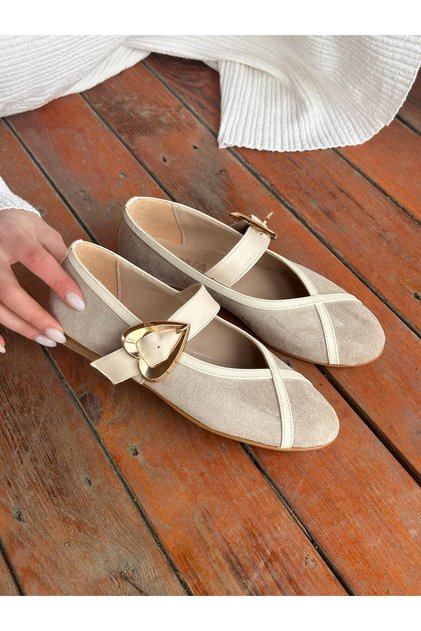 Beige Suede (Love) Heart Buckle Detail Women's Ballerinas