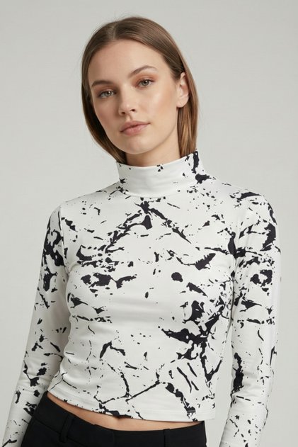 Women's White Half Turtleneck Patterned Crop Blouse Nj75