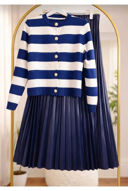 Women’s Knit Cardigan - Pleated Skirt Set -0280