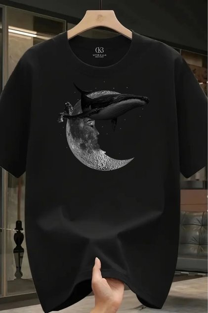 Unisex Oversized Printed Cotton Crew Neck Short Sleeve BLACK T-shirt