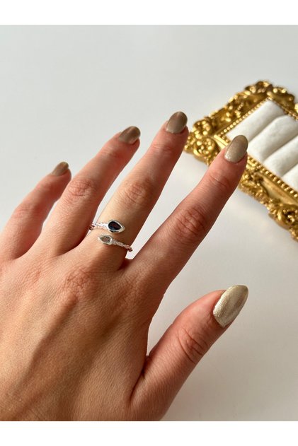 Steel Drop Blue Stone Ring Adjustable