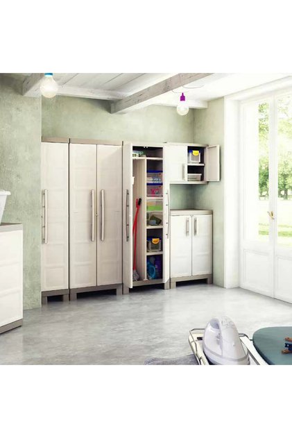 4 Raflı Plastik Dolap Bej İki Kapılı Kilitli Uzun Boy 182 cm Banyo Kiler Çok Amaçlı Depolama Dolabı