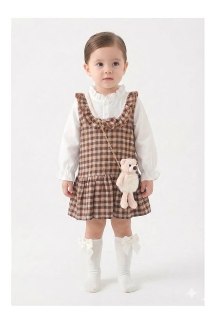 Girl's Brown Plaid Gilet Dress Set - Brown