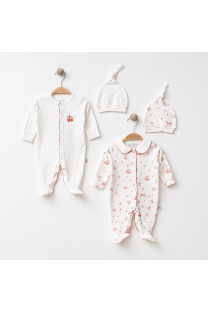 Cherry Patterned 2-Piece Baby Girl Jumpsuit with Gloves and Booties, 100% Cotton