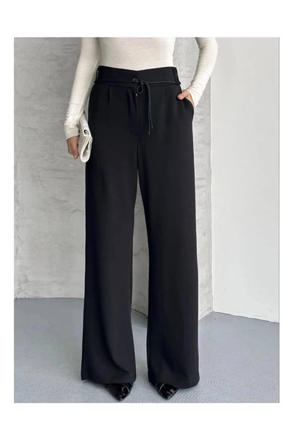 Women's Black High-Waisted Tie-Up Wide-Leg Flowy Soft Modal Fabric Trousers
