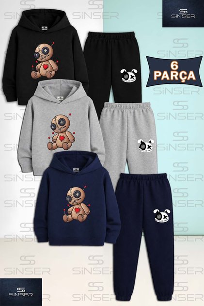 Children's Unisex Bear Patched Brown Needle-Punched 3-Piece Hooded Tracksuit Set