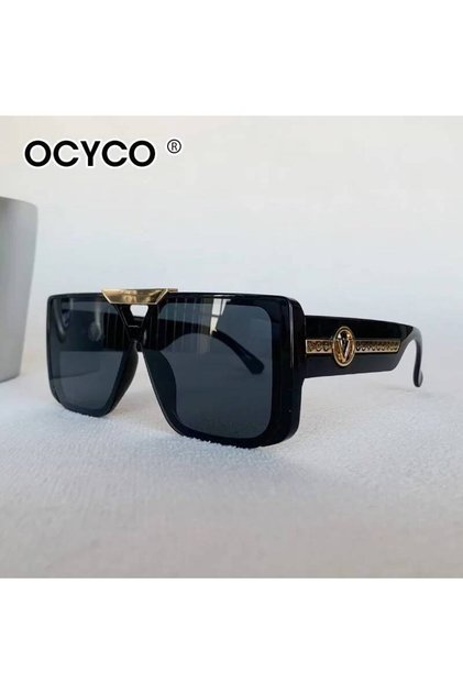 black Vintage Big Frame Square Sunglasses Men Women Luxury Brand Letter V Sun Glasses Anti-UV Outdoo