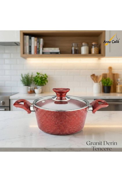 18 cm Granite Deep Pot Glass Lid - Red