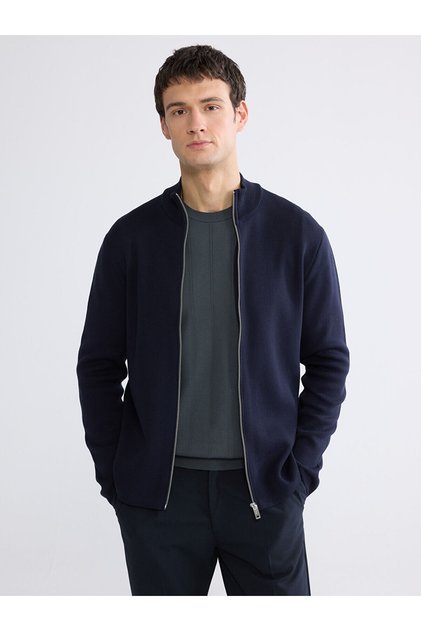 Mg trenden navy blue standard fit Mock Neck men's knit cardigan
