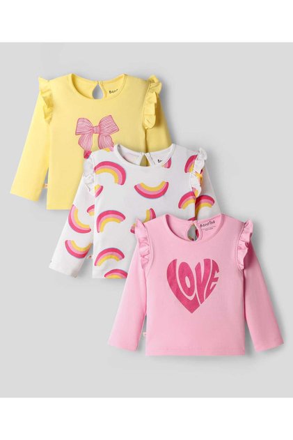 100% Cotton Full Sleeves Printed T-shirts Pack Of 3 - Yellow/Pink/White