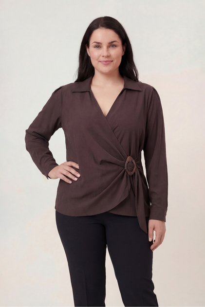 Plus Size Women's Double-Breasted Tie-Detail Shirt Brown