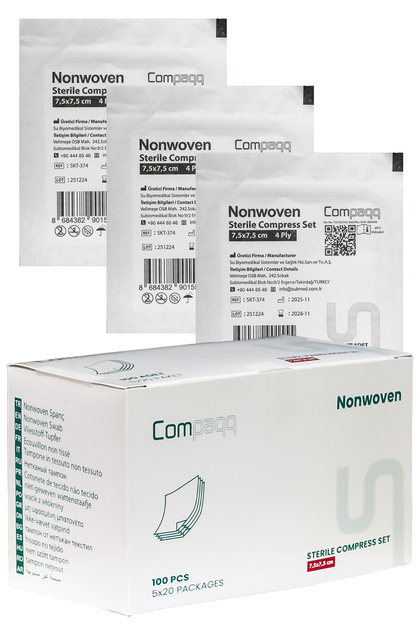 Steril Non Woven Gaz kompres spanç 7.5x7.5cm 4 katlı (5'li zarf) 20 paket, 100adet