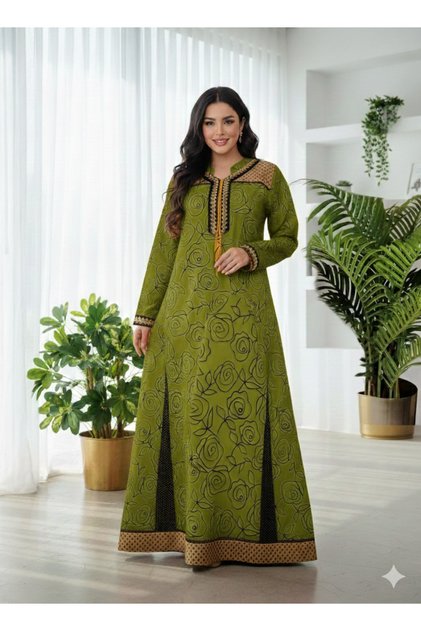 Hessa Jalabiya: A long women's jalabiya with an elegant, traditional style, featuring multiple patterns, distinctive colors, and decorative sleeves.