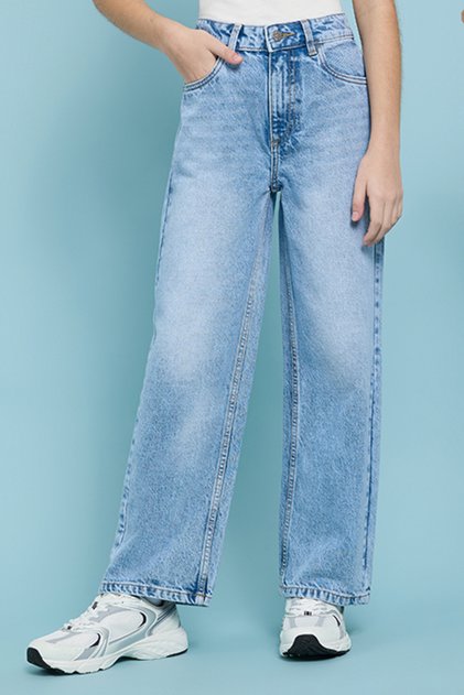 Girl's Blue Faded Straight Fit Jeans with Button Closure