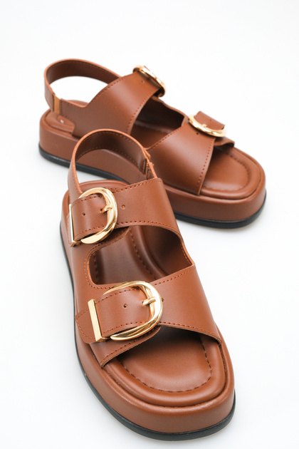 Women's Brown Buckle Detailed Double-Strapped Elastic Stylish Comfortable Casual Orthopedic Sandals