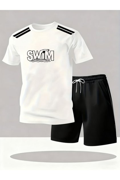 Unisex Swim Printed Shorts Tshirt 2-Piece Top and Bottom Set