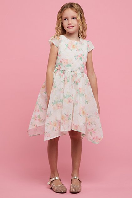 Girl's Cream Floral Printed Dress with Crew Neck and Cap Sleeves