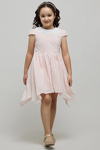 Girl's Pink Embroidered Dress with Peter Pan Collar and Cap Sleeves