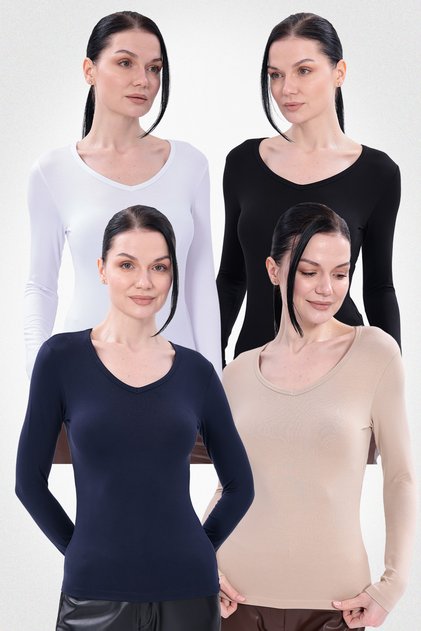 V Yaka Uzun Kollu Kadın Body 4'lü Set