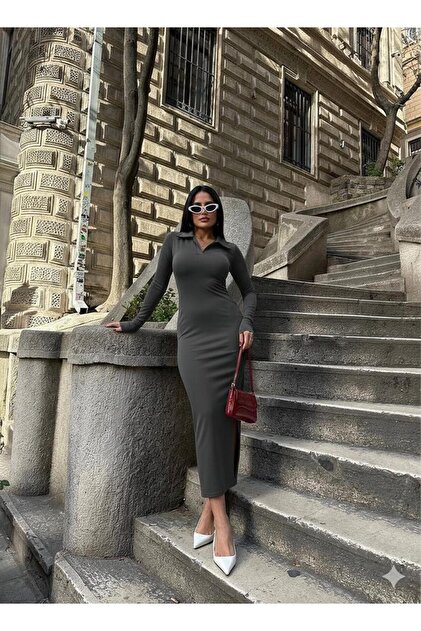 Rochie de damă gri, cu guler polo, cu tăietură laterală, elastică, cu mânecă lungă