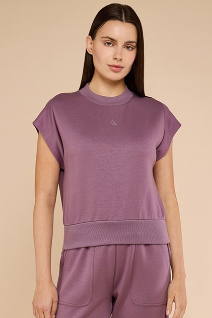 Women's Purple Solid Top with Mock Neck and Short Sleeves