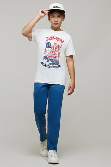 Boy's Cream Printed T-Shirt with Crew Neck and Short Sleeves