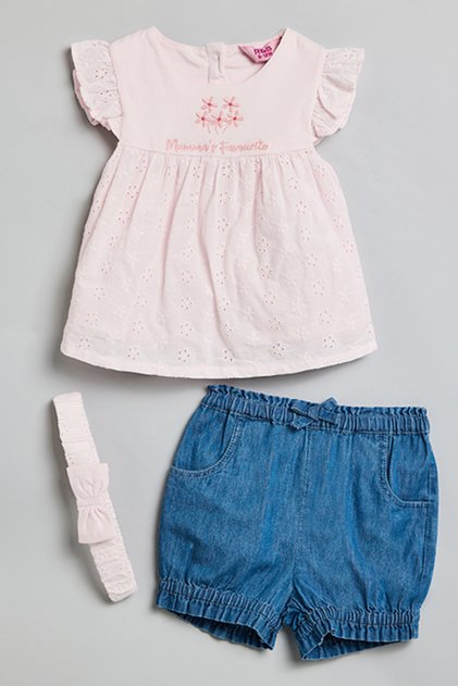 Girl's Pink Printed Clothing Set with Headband