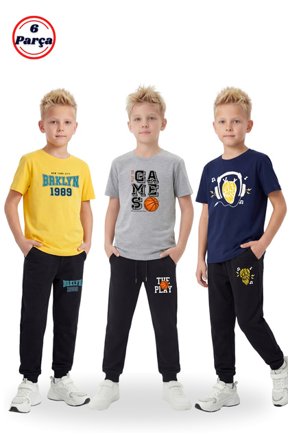 3-Piece Round Neck T-Shirt and Sweatpants with Print Detail 6-Piece Boys' Top and Bottom Set