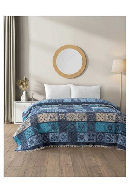 %100 Pamuk Müslin Çift Kişilik Yatak Örtüsü - 220x240 cm - Mavi Patchwork Desen