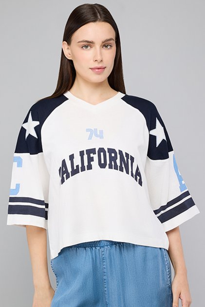 Women's Cream Color Block T-Shirt with V-Neck and Short Sleeves