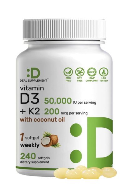 Supplement, D3 50,000 IU + K2 MK7 200mcg Softgels, 240 Count 2-in-1 Complex with Virgin Coconut Oil