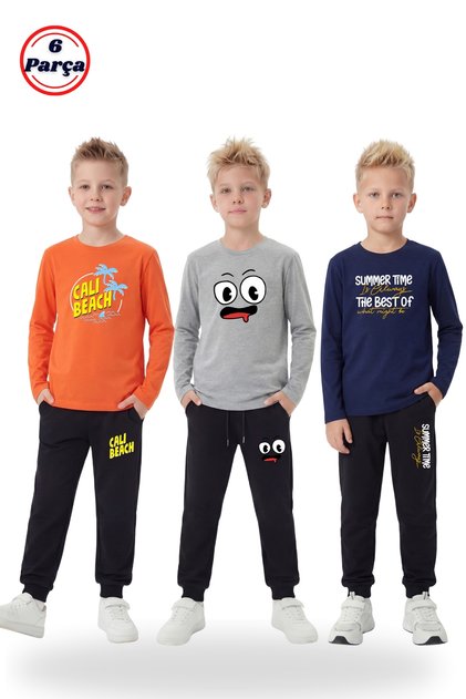 3-Piece Crew Neck Sweatshirt and Sweatpants, Printed Detail 6-Piece Boys Top and Bottom Set