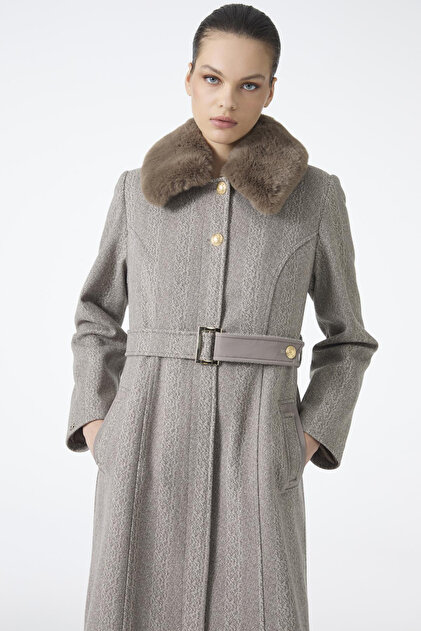 Zühre Fur Collar Belt Detailed Cashmere Mantle Mink Coat 13425