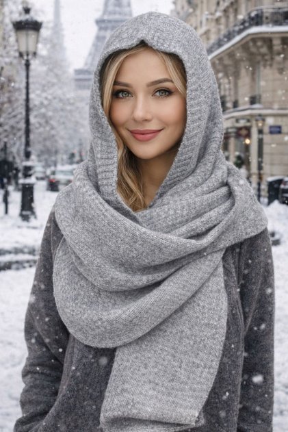 Gray Wool Knitwear Tie-Up Balaclava Beanie Scarf